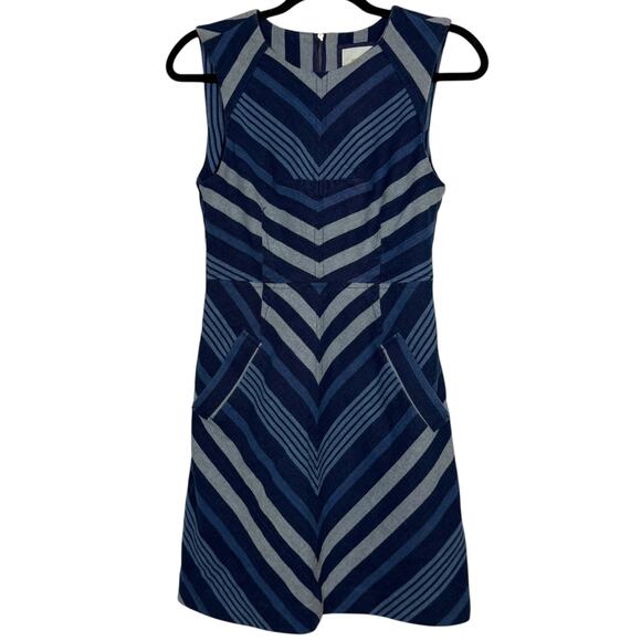 Anthropologie Maeve Antonia Blue Chevron Striped Cotton Dress - Size 4 Petite - Picture 2 of 10